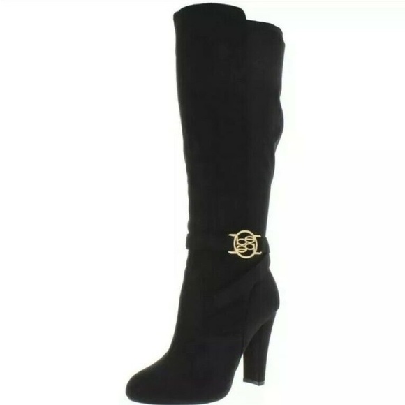 NWOTB - BEBE BARYA Black Suede Knee High Boots with Gold-tone Logo Size 10 - Picture 1 of 10